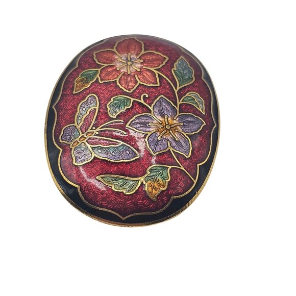 Cloisonné Red/Purple Floral Enamel Gold-Tone Oval Tie-Belt Clip Accessory - Picture 5 of 7